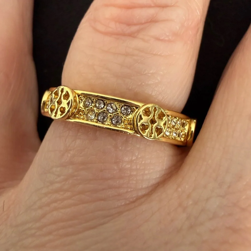 Tory Burch Gold Crystal Icon Pave Logo Ring - Size 6.5 - NWOT - MSRP $150
